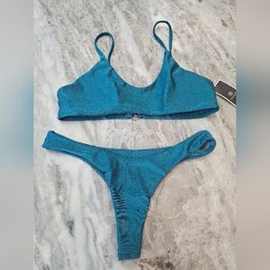 SherryDC Metallic Teal Bikini Set L | Brazilian Cheeky Bottom & Scoop Top NWT